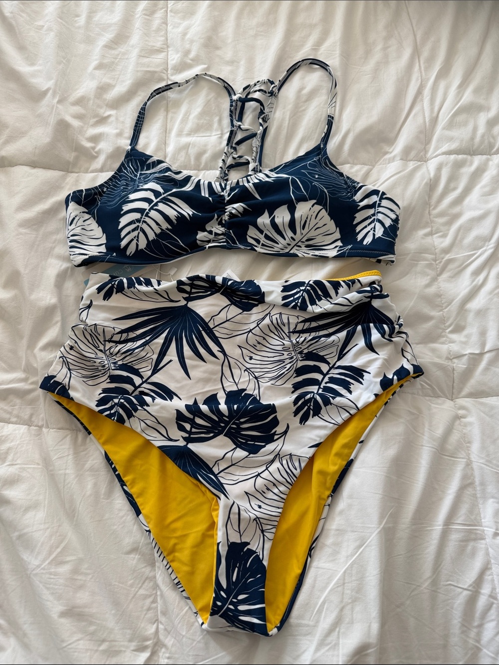 Cupshe Navy & White Tropical Leaf Two-Piece Swim Set NWT!